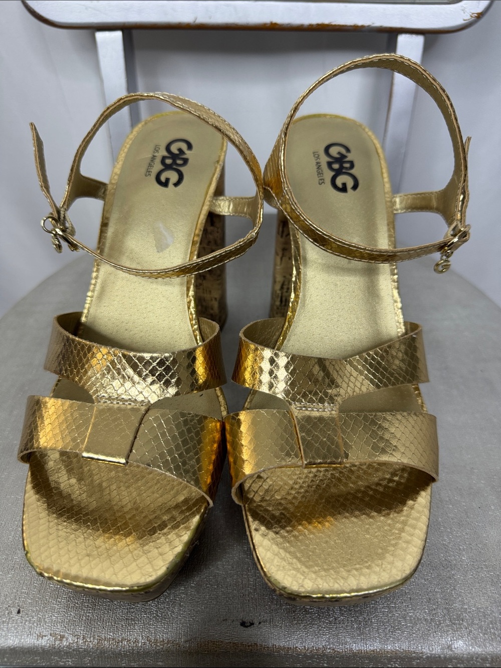 G by Guess Metallic Gold Cork Platform Sandals size 10 NWOT - Picture 6 of 9